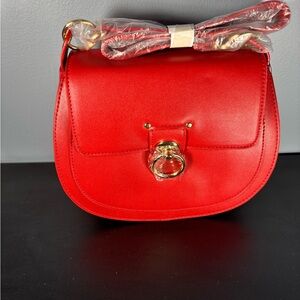 Bartley Mischka Red Saddle Crossbody Bag with Gold Hardware